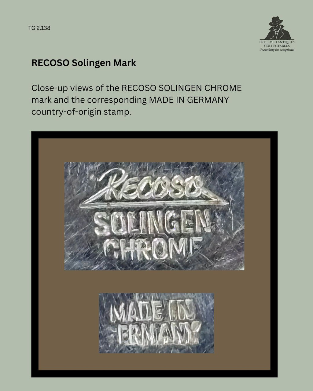 Close-up detail showing the stamped RECOSO SOLINGEN CHROME maker's mark together with the MADE IN GERMANY country-of-origin stamp on the metal surface of the Recoso Solingen multifunction kitchen shears, Thomas Guenther Collection.