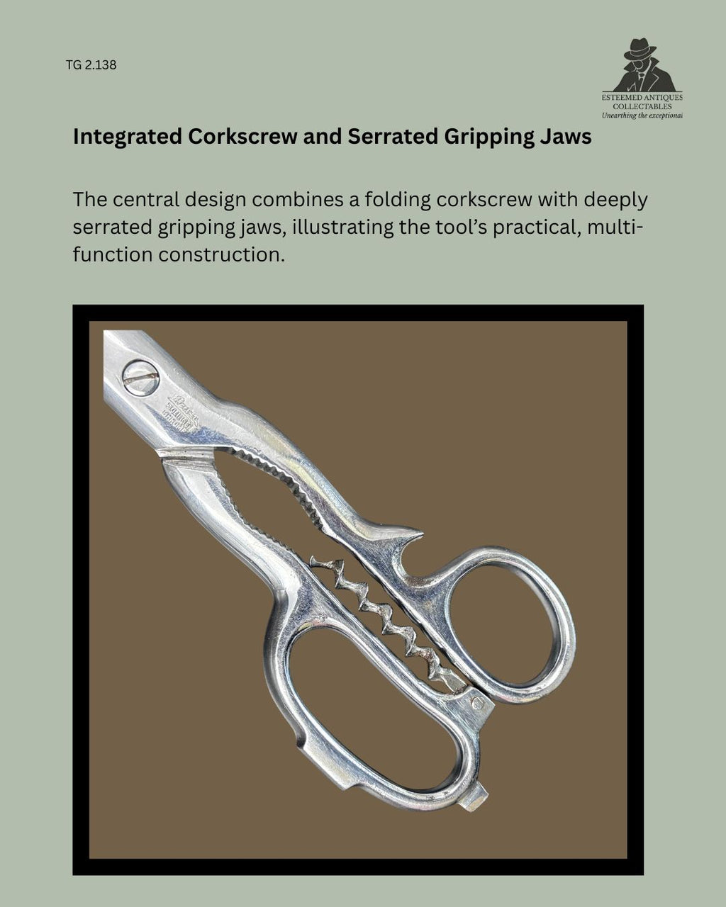 Close-up detail of RECOSO Solingen multifunction kitchen shears showing the integrated folding corkscrew and deeply serrated gripping jaws, chrome-plated metal construction, Made in Germany.