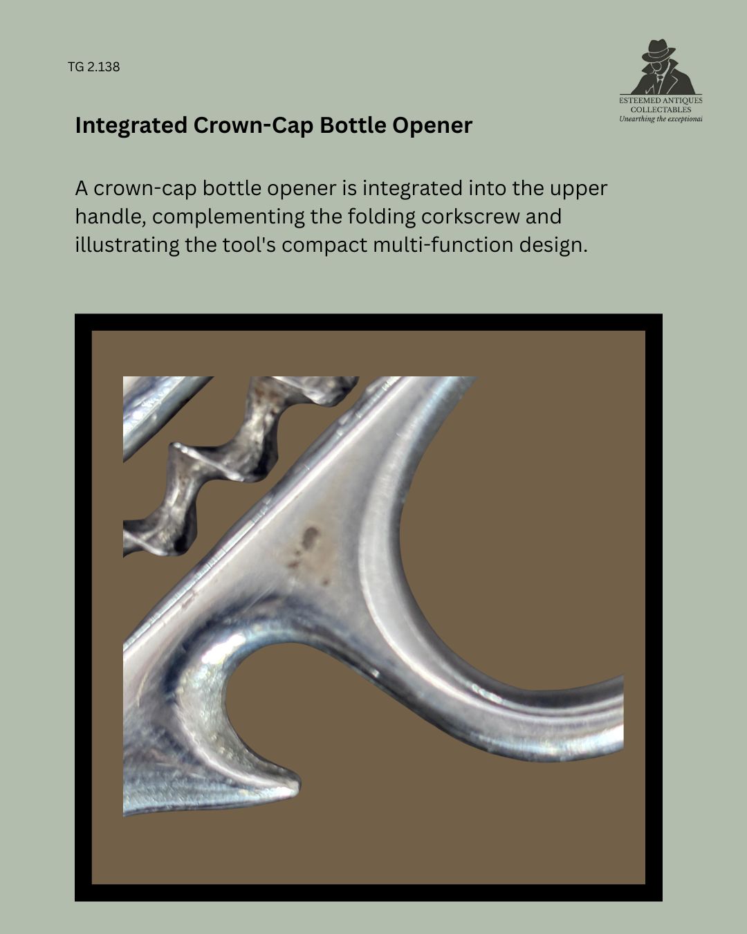 Close-up detail of the integrated crown-cap bottle opener formed into the upper handle of RECOSO Solingen chrome-plated multifunction kitchen shears, illustrating the combined bottle opener and folding corkscrew design, Made in Germany.