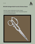 RECOSO Solingen chrome-plated multi-function kitchen shears made in Germany, incorporating a folding corkscrew, crown-cap bottle opener, serrated gripping jaws, and stainless steel scissor blades with ergonomic loop handles from the Thomas Guenther Collection.