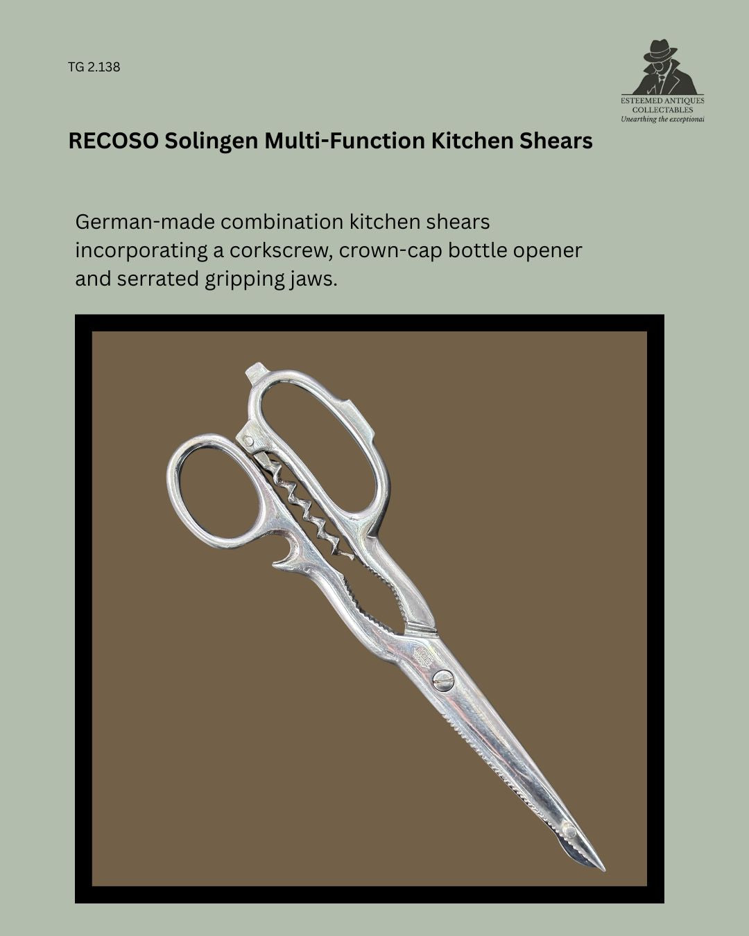 RECOSO Solingen chrome-plated multi-function kitchen shears made in Germany, incorporating a folding corkscrew, crown-cap bottle opener, serrated gripping jaws, and stainless steel scissor blades with ergonomic loop handles from the Thomas Guenther Collection.