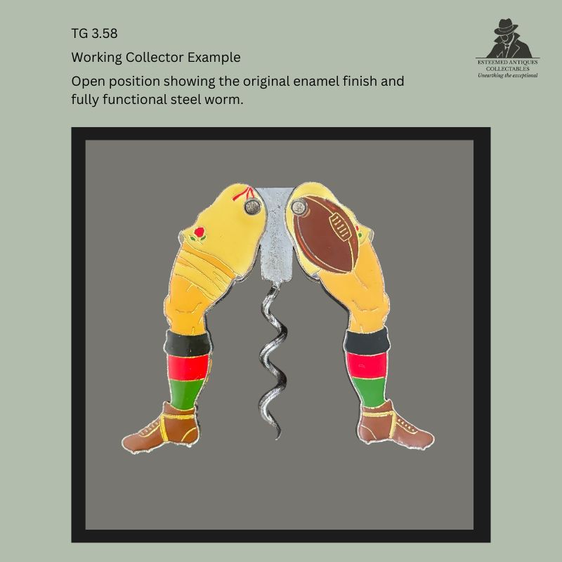 Open view of a figural folding bow corkscrew in the form of a rugby player's legs, showing the original painted enamel finish, exposed steel worm, and football motif on the reverse, presented as a functional collector's mechanical corkscrew.