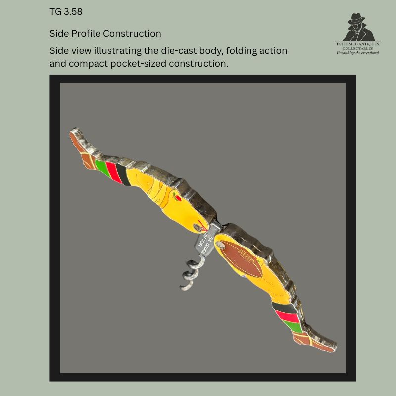 Side profile of a novelty folding bow corkscrew modelled as a rugby player, showing the die-cast metal body, painted enamel decoration, articulated folding construction, and partially extended steel worm in compact pocket-sized form.