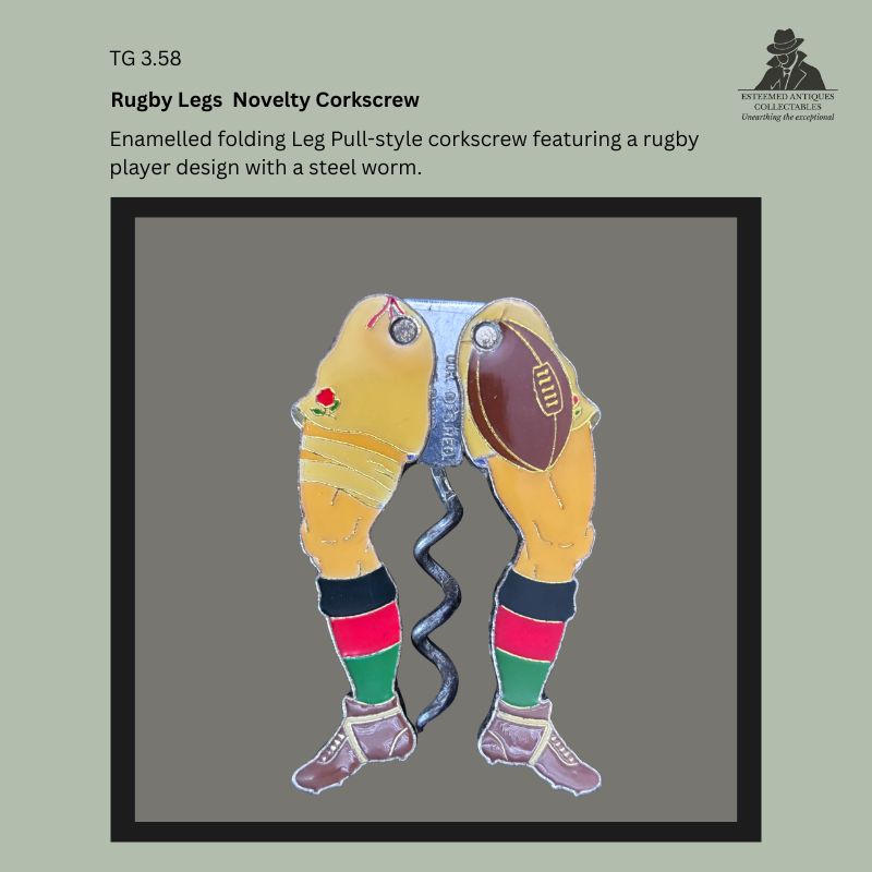 Front view of an enamelled folding Leg Pull novelty corkscrew in the form of a rugby player's legs, featuring painted rugby socks, boots, a rugby ball motif, and a folding steel worm concealed between the articulated legs.