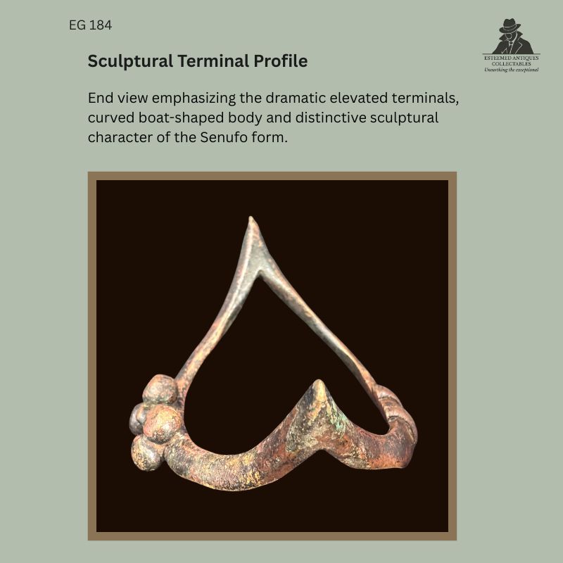 End profile of Senufo-attributed boat-form anklet EG 184 from Côte d’Ivoire, lost-wax cast in copper alloy, showing the curved body, elevated pointed terminals and clustered sculptural elements, Egon Guenther Collection.