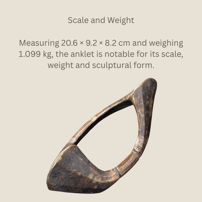 Senufo-attributed boat-form copper-alloy anklet from Côte d’Ivoire, shown with its measurements of 20.6 × 9.2 × 8.2 cm and weight of 1.099 kg.