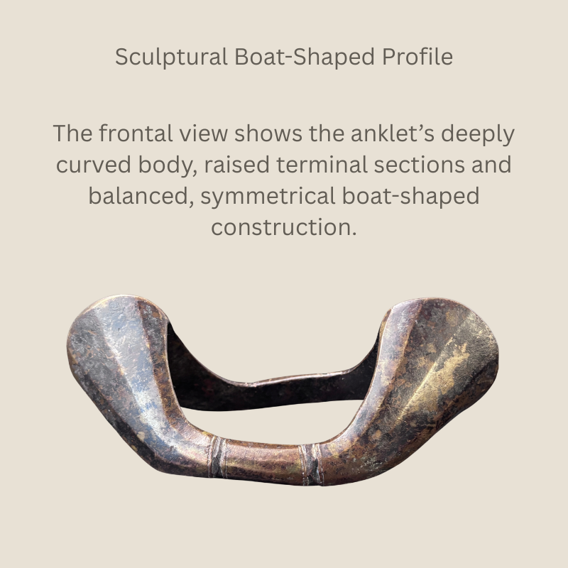 Frontal profile of a Senufo-attributed copper-alloy currency anklet from Côte d’Ivoire, showing its deeply curved body, elongated opening and raised symmetrical terminals.