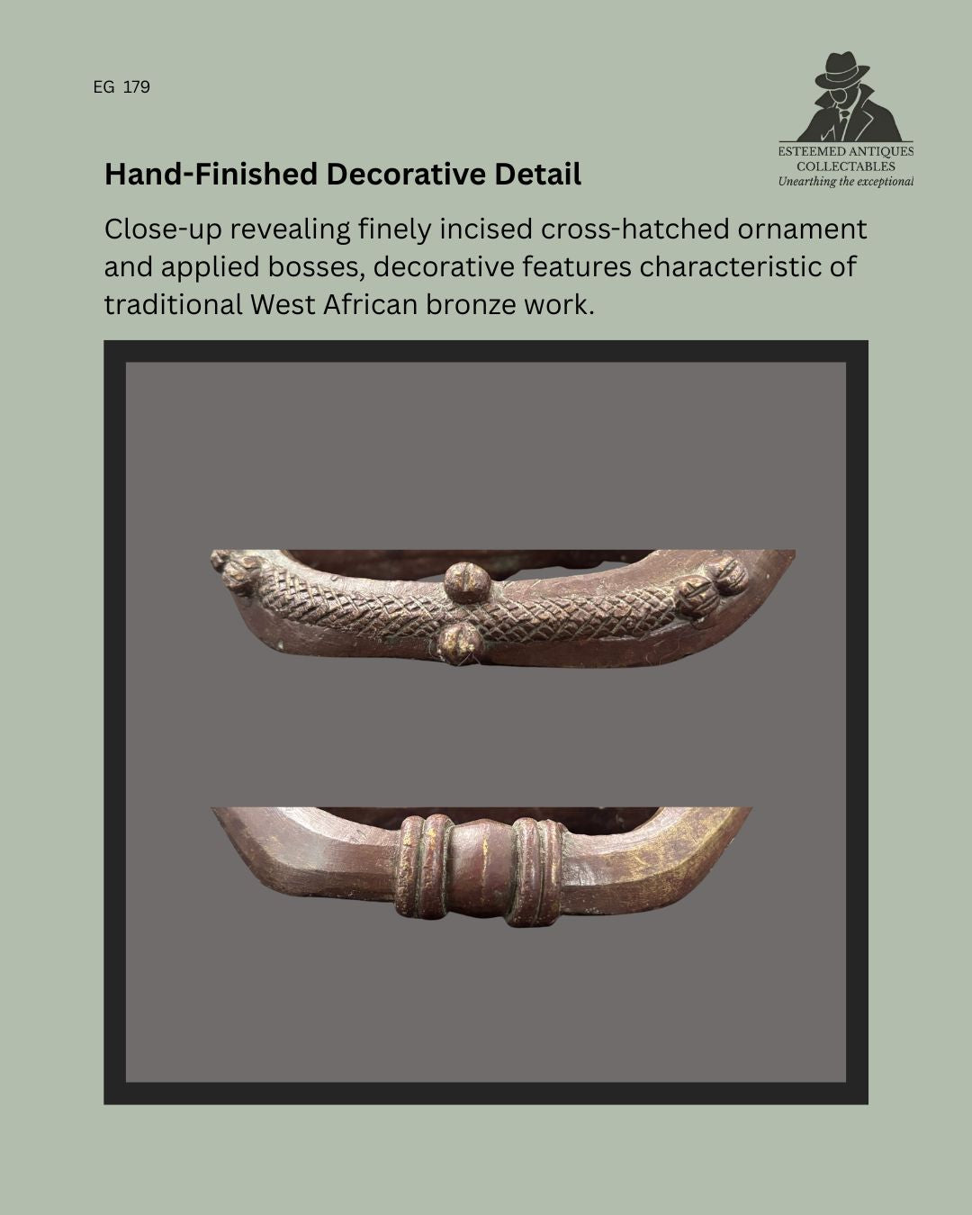 Close-up detail of a Senufo cast bronze prestige anklet from Côte d'Ivoire showing finely incised cross-hatched ornament, raised hemispherical bosses, and hand-finished decorative bands characteristic of traditional West African lost-wax bronze casting, Egon Guenther Collection provenance.