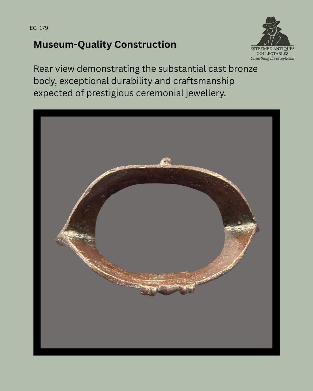 Rear view of a substantial cast bronze prestige anklet attributed to the Senufo people of Côte d'Ivoire, showing the solid lost-wax cast construction, thick body, and robust ceremonial jewellery form from the Egon Guenther Collection.