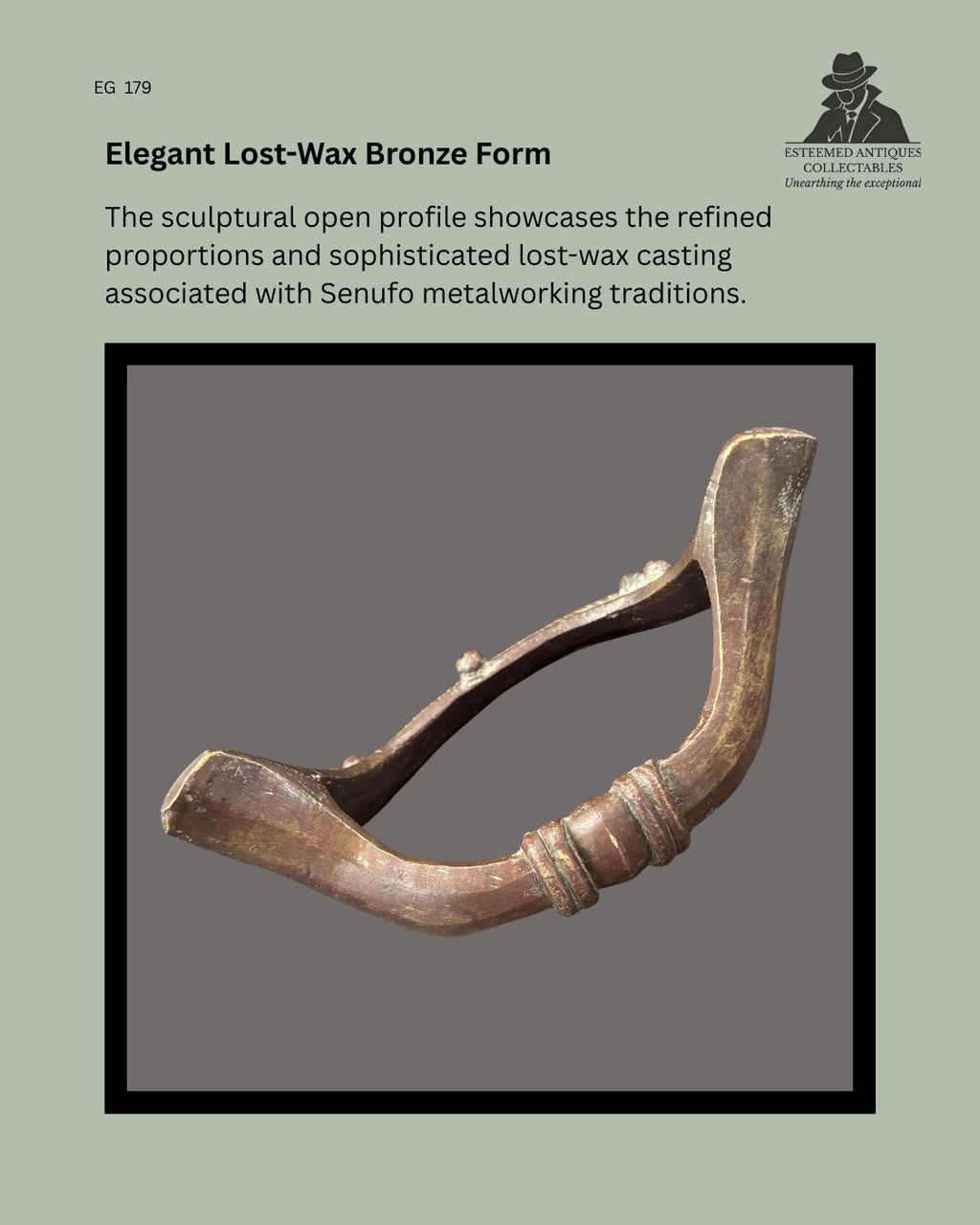 Profile view of a Senufo attributed lost-wax cast bronze prestige anklet from Côte d’Ivoire, showing the elegant open form, raised decorative collars, sculptural bridge, and refined casting associated with traditional West African metalworking.