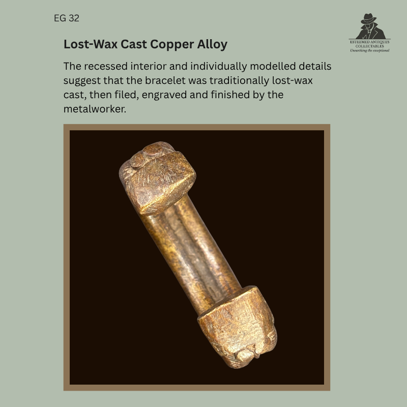 Interior view of the EG 32 Senufo-attributed zoomorphic protective bracelet, showing its recessed band and individually modelled terminals formed by lost-wax casting in copper alloy.