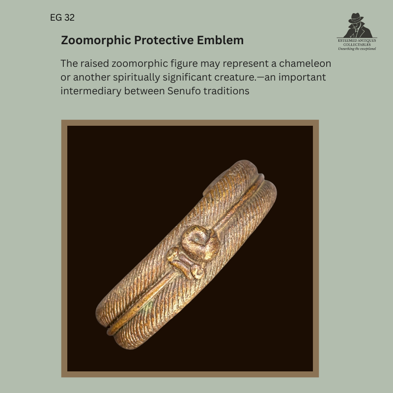 Detail of the raised zoomorphic protective emblem, possibly representing a chameleon, cast on the textured double-band surface of Senufo bracelet EG 32.