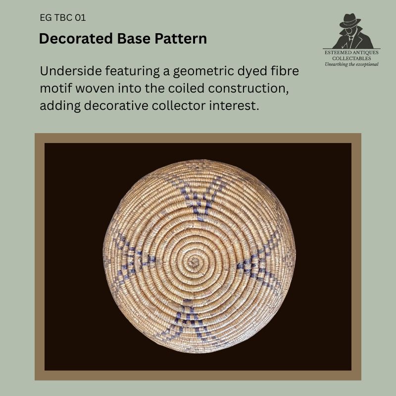 Underside of a hand-woven Southern Tswana coiled basket showing a geometric dyed fibre motif incorporated into the natural fibre spiral construction, illustrating the skilled decorative weaving techniques characteristic of Southern African basketry.