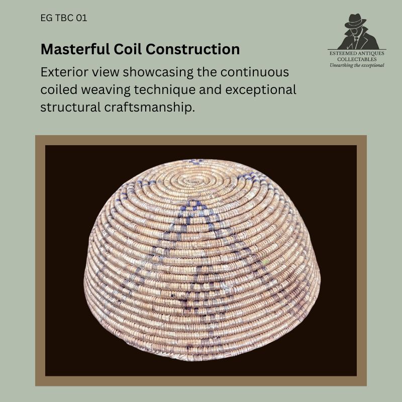 Exterior view of a Southern Tswana handwoven coiled fibre basket showing continuous spiral coil construction with dark geometric decorative bands, demonstrating skilled traditional basketry craftsmanship from Botswana.