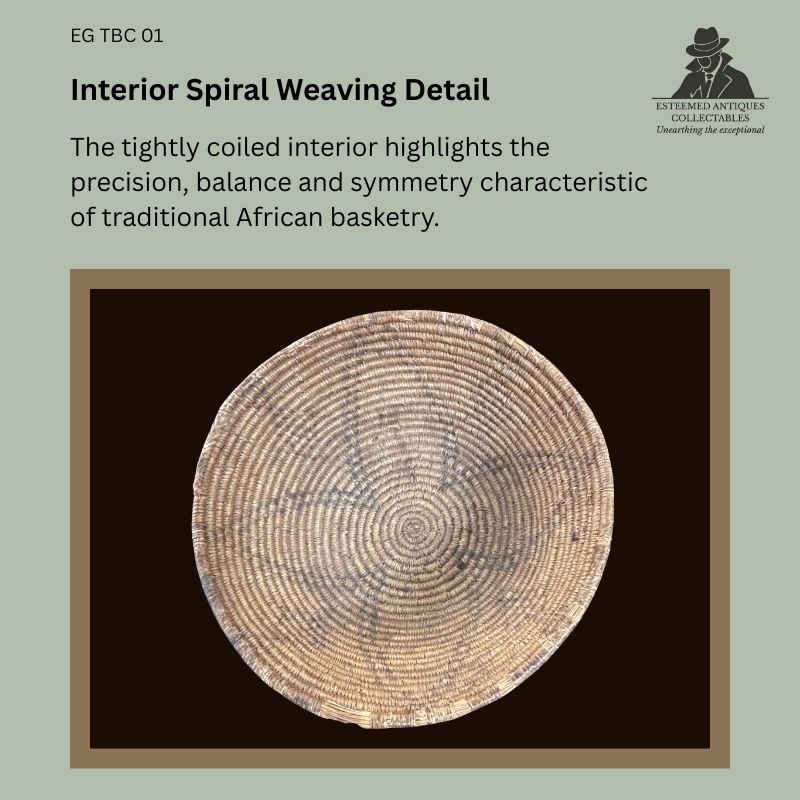 Interior view of a hand-woven Southern Tswana coiled grass basket showing the tightly wound spiral construction, natural fibre weaving, and subtle geometric patterning characteristic of traditional Southern African basketry from the Egon Guenther Collection.