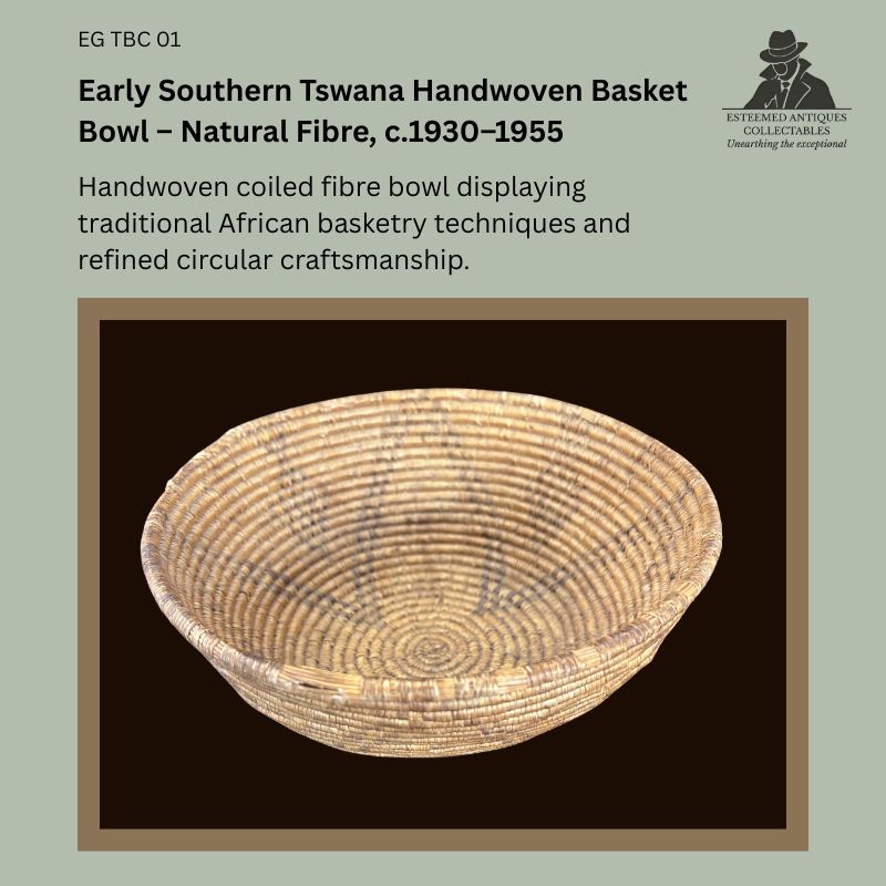 Early Southern Tswana handwoven coiled basket bowl made from natural fibre, displaying finely woven concentric construction with subtle dark geometric accents, Southern Africa, circa 1930–1955, from the Egon Guenther Collection by descent to the Thomas Guenther Collection.