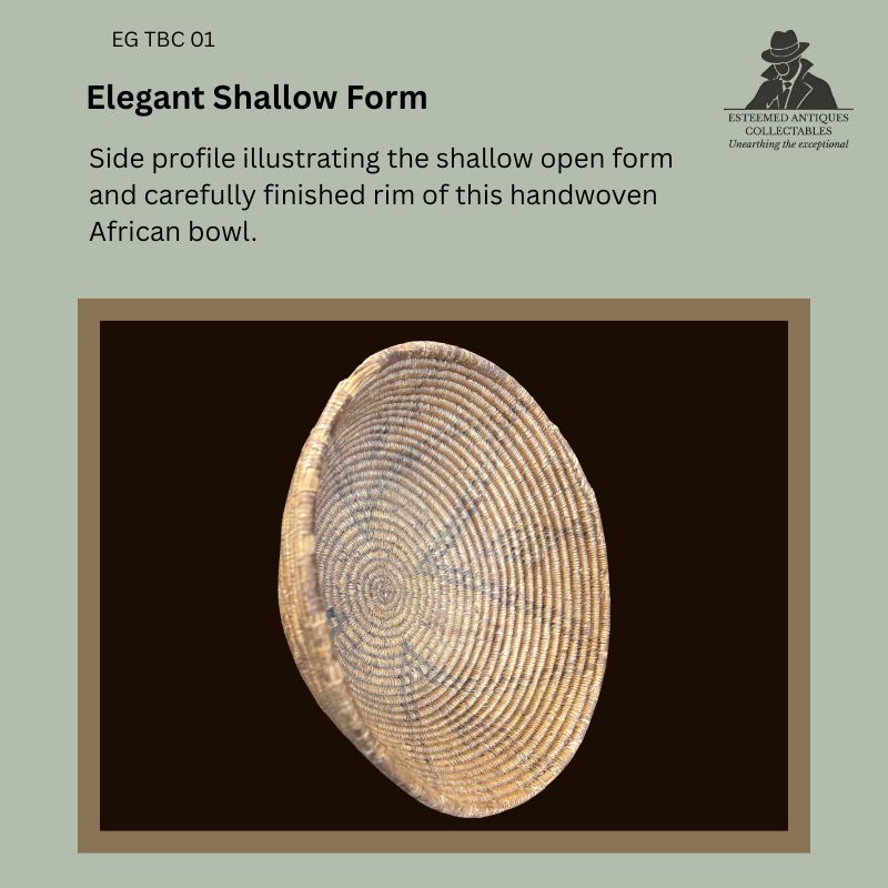 Side profile of a handwoven Southern Tswana basket from Botswana, showing its shallow open form, tightly coiled natural fibre construction, and finely finished reinforced rim, from the Egon Guenther Collection.