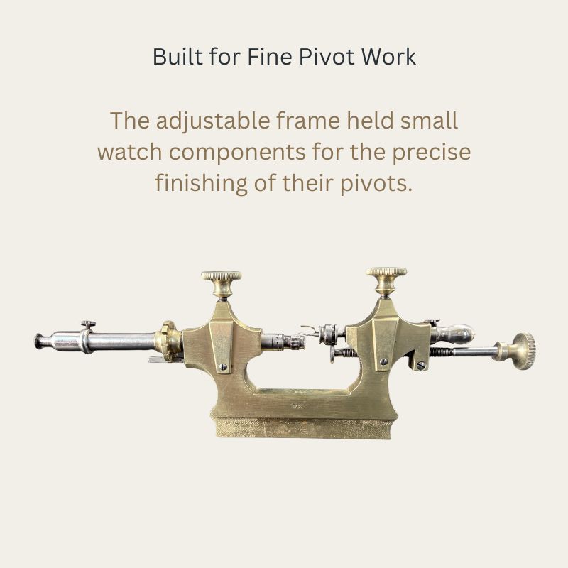 Side view of a Swiss watchmaker’s Jacot pivot lathe, showing its adjustable brass frame, opposing steel supports and screw controls used for fine pivot work.