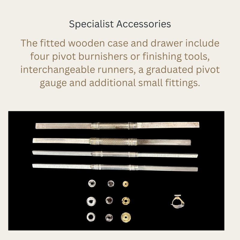 Four metal pivot burnishers or finishing tools arranged above small runners, a graduated pivot gauge and fittings from a Swiss watchmaker’s Jacot pivot lathe set.