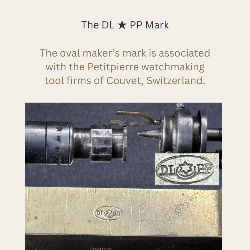 Detail of a Swiss watchmaker’s Jacot pivot lathe showing the oval DL ★ PP mark stamped on its brass frame, with an enlarged inset of the mark.