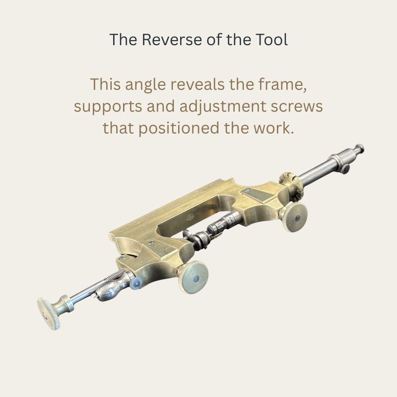 Reverse view of a Swiss watchmaker’s Jacot pivot lathe, showing its brass frame, steel supports and adjustment screws.