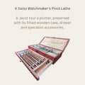 Swiss watchmaker’s Jacot pivot lathe in an open fitted wooden case, with the front drawer displaying four steel burnishers and other accessories.