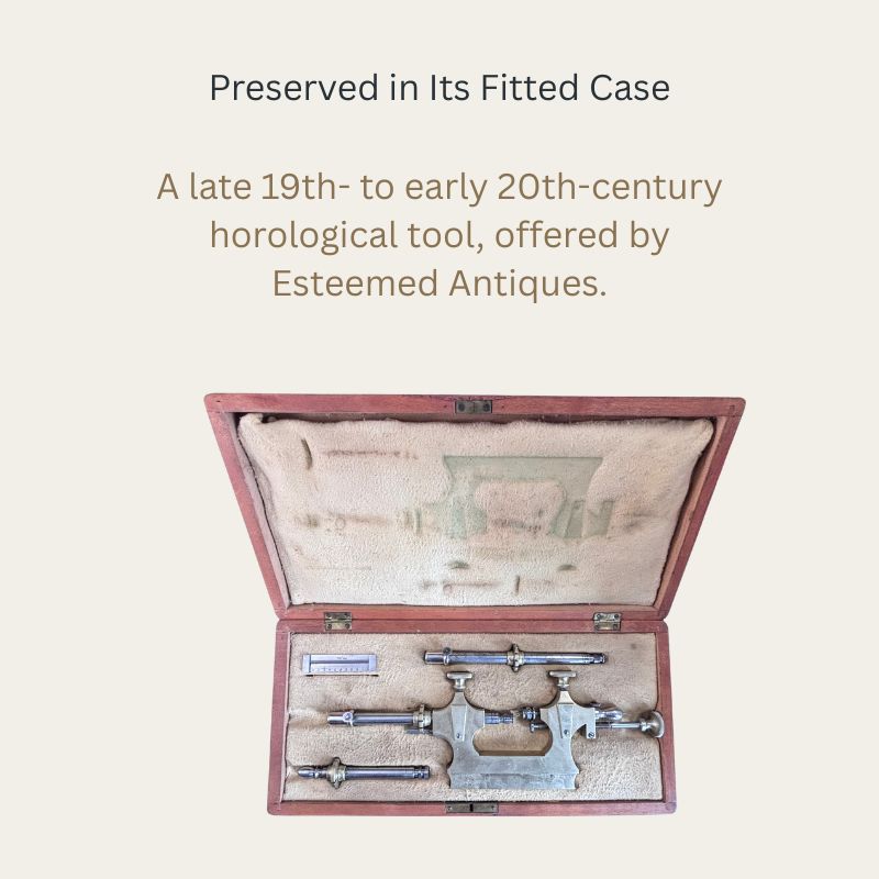 Swiss watchmaker’s Jacot pivot lathe and accessories arranged in an open, fabric-lined wooden fitted case, showing the adjustable metal frame, screw fittings and wear to the case lining.