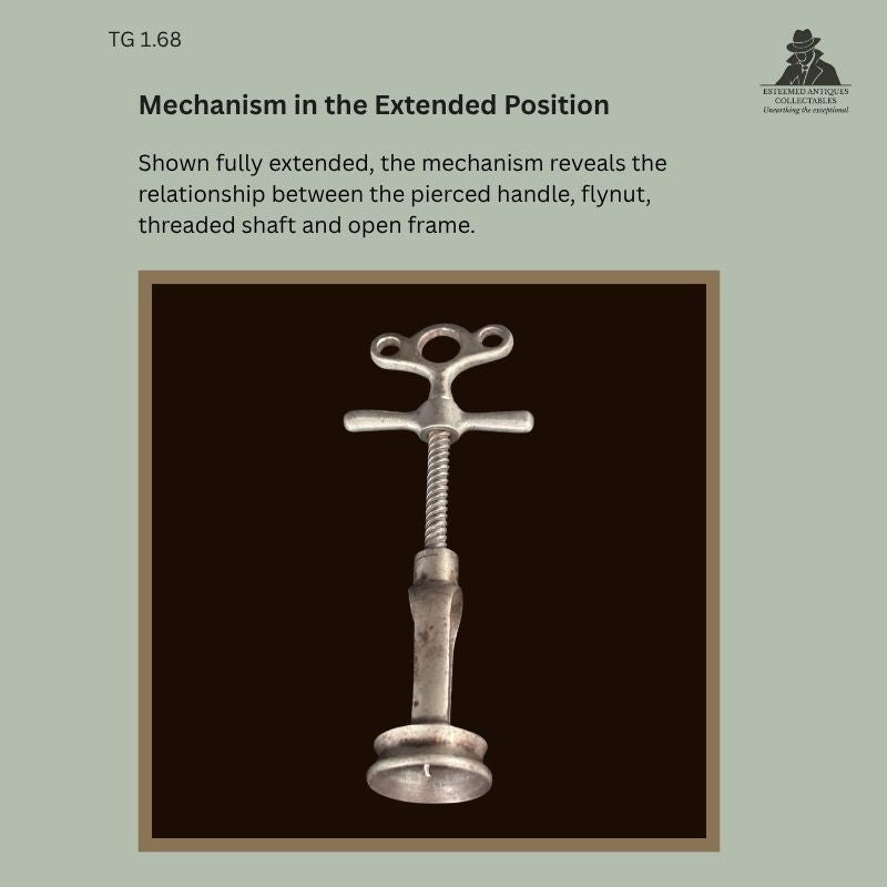 TG 1.68 nickel-plated steel double-action flynut frame corkscrew shown fully extended, revealing the pierced handle, flynut, threaded shaft and open-frame mechanism.