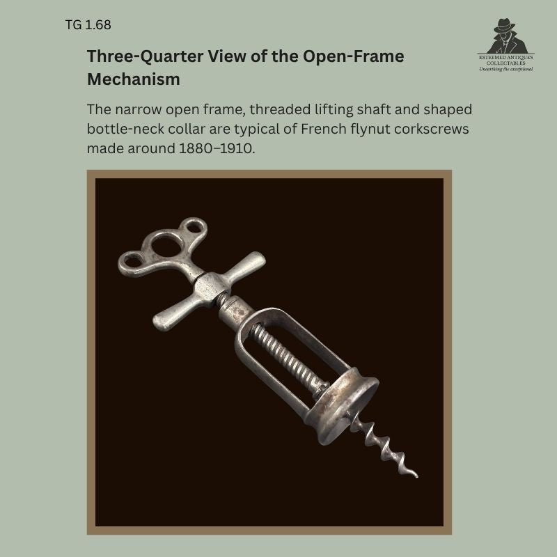 Three-quarter view of TG 1.68, a French nickel-plated steel double-action flynut corkscrew, showing the narrow open frame, threaded lifting shaft, shaped bottle-neck collar and helix, circa 1880–1910.