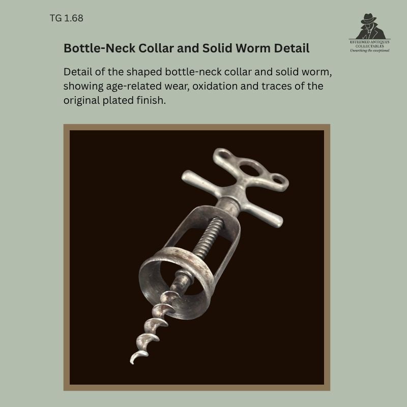 Detail view of the shaped bottle-neck collar and solid grooved worm on TG 1.68, a nickel-plated steel double-action flynut frame corkscrew attributed to France, circa 1880–1910.
