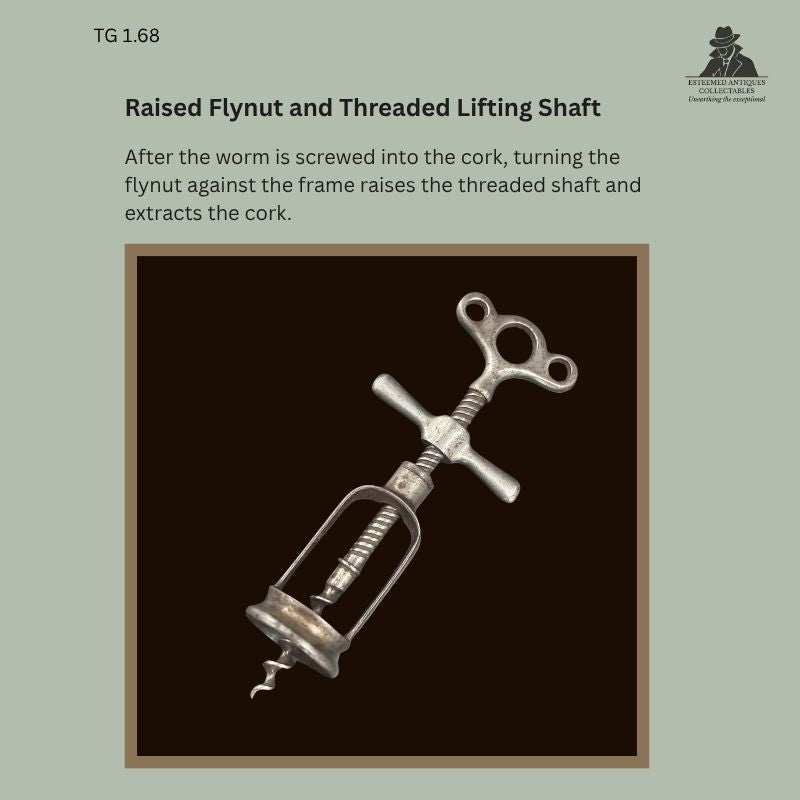 Catalogue panel showing the raised flynut and exposed threaded lifting shaft of TG 1.68, an unmarked nickel-plated steel double-action frame corkscrew, probably French, circa 1880–1910.