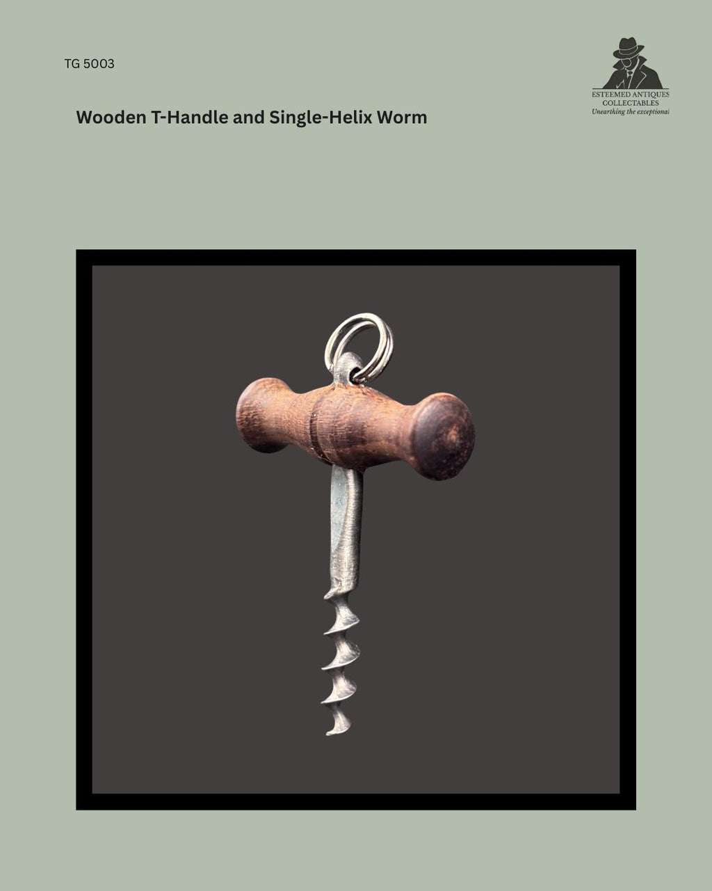 Miniature antique corkscrew TG 5003 with a turned wooden T-handle, suspension ring, steel shank and single-helix worm.