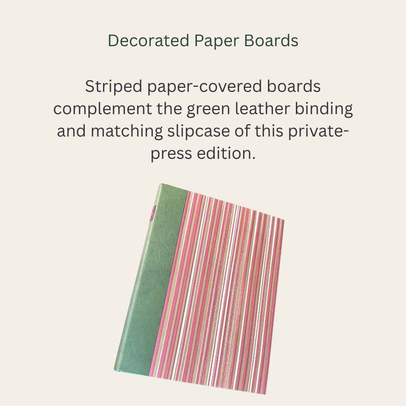 Angled view of The Rooinek, 1981 illustrated edition, showing striped paper-covered boards in pink, green and cream beside a textured green leather spine.