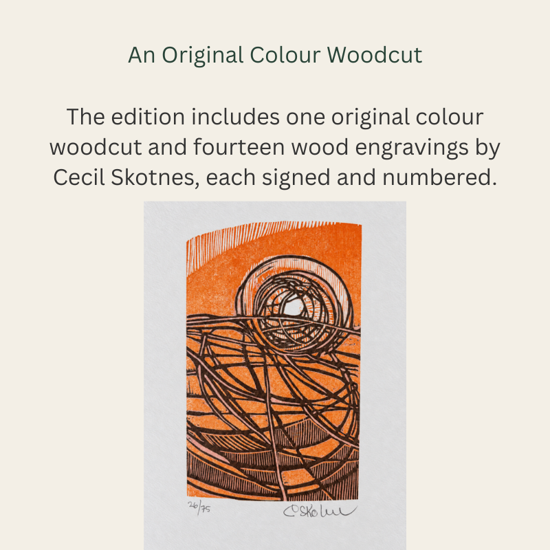 Signed Cecil Skotnes colour woodcut from The Rooinek, 1981, with orange fields, intersecting black lines and circular forms, numbered 26/75 beneath the image.