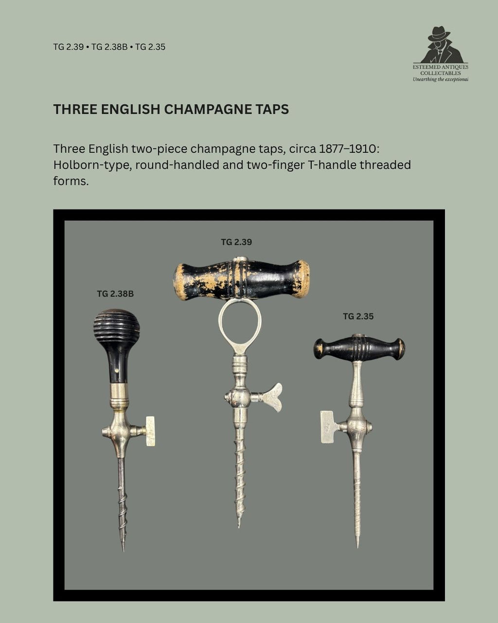 Catalogue panel showing three English two-piece champagne taps, TG 2.39, TG 2.38B and TG 2.35, with wood handles, nickel-plated brass bodies, threaded piercing stems and side valves, circa 1877–1910.