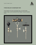 Catalogue panel showing three English two-piece champagne taps, TG 2.39, TG 2.38B and TG 2.35, with wood handles, nickel-plated brass bodies, threaded piercing stems and side valves, circa 1877–1910.