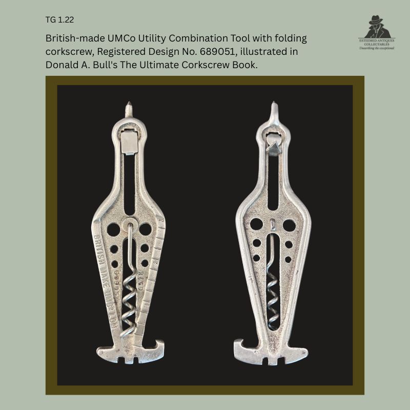 Front and rear views of a British-made UMCo utility combination tool with integrated folding corkscrew, Registered Design No. 689051, showing the cast metal body, bottle opener, screwdriver tip, and folding worm, illustrated in Donald A. Bull's The Ultimate Corkscrew Book.