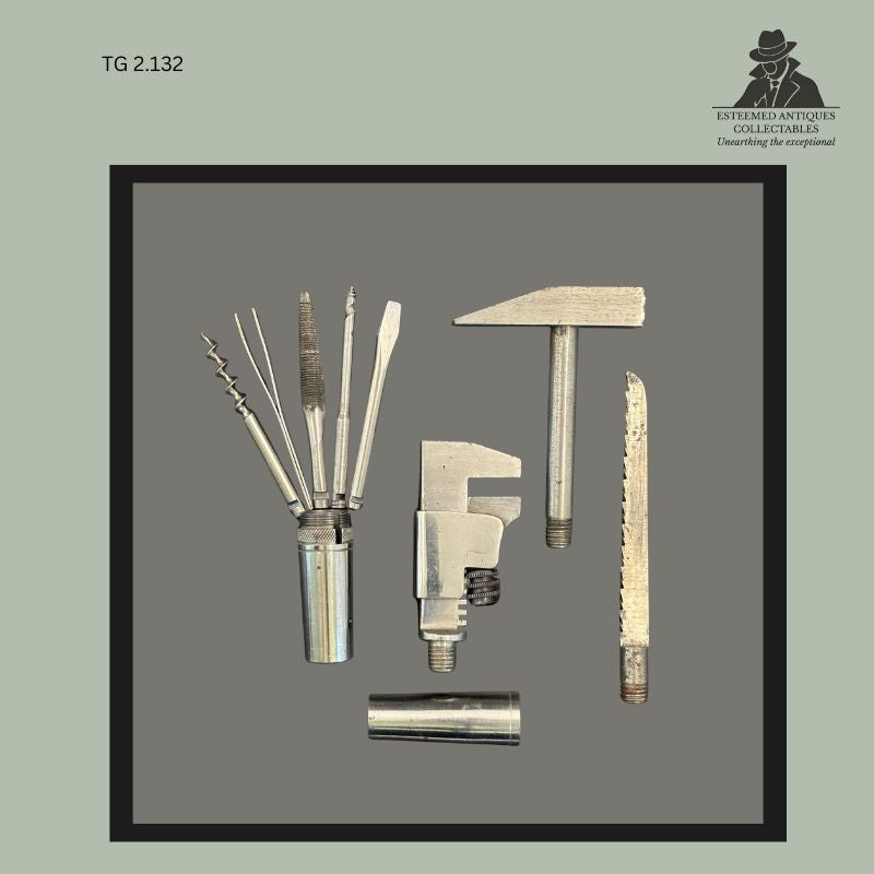 Universal Portable Tool Chest interchangeable metal tool set with detachable handle, miniature pipe wrench head, corkscrew worm, files, picks and threaded tool attachments, retailed by Allkin & Co Ltd Cape Town, South Africa, mid-20th century mechanical pocket tool ensemble.