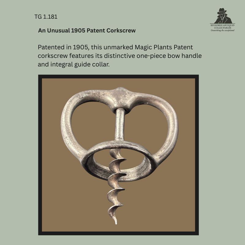 Unmarked Magic Plants Patent corkscrew, patented in 1905, with a one-piece cast bow handle, integral guide collar and steel worm, shown in front view from the Thomas Guenther Collection.