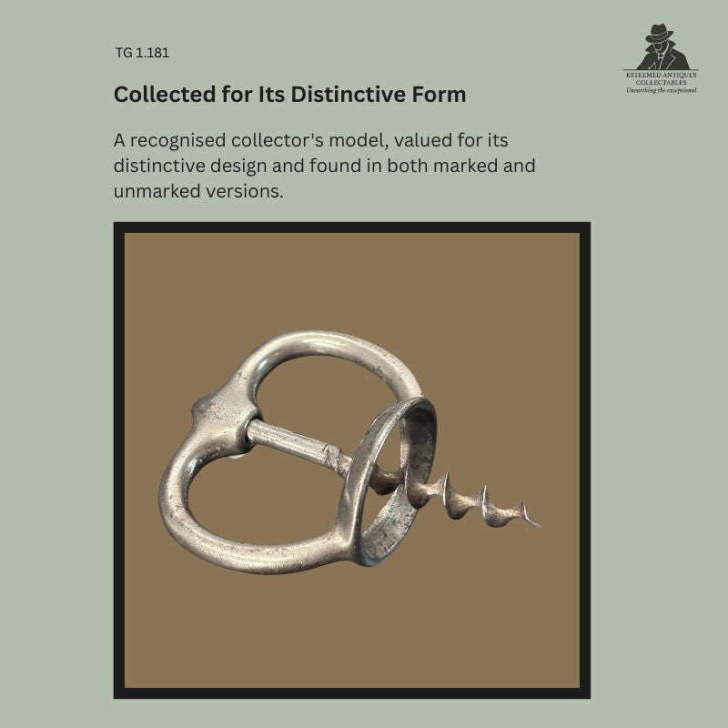 Unmarked Magic Plants patent corkscrew dating from the early twentieth century, shown in side profile with its distinctive heart-shaped cast nickel-plated frame, integral bottle collar and steel worm, illustrating the characteristic form collected in both marked and unmarked versions.