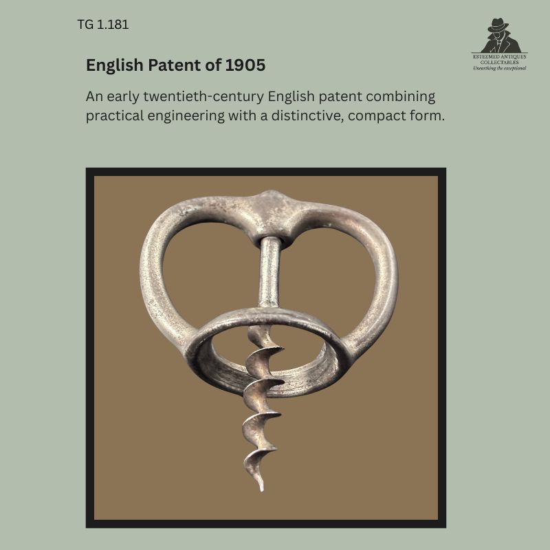 Front view of an unmarked Magic Plants patent corkscrew with nickel-plated cast metal handle and steel worm, representing the English 1905 patented compact finger-grip design from the Thomas Guenther Collection.