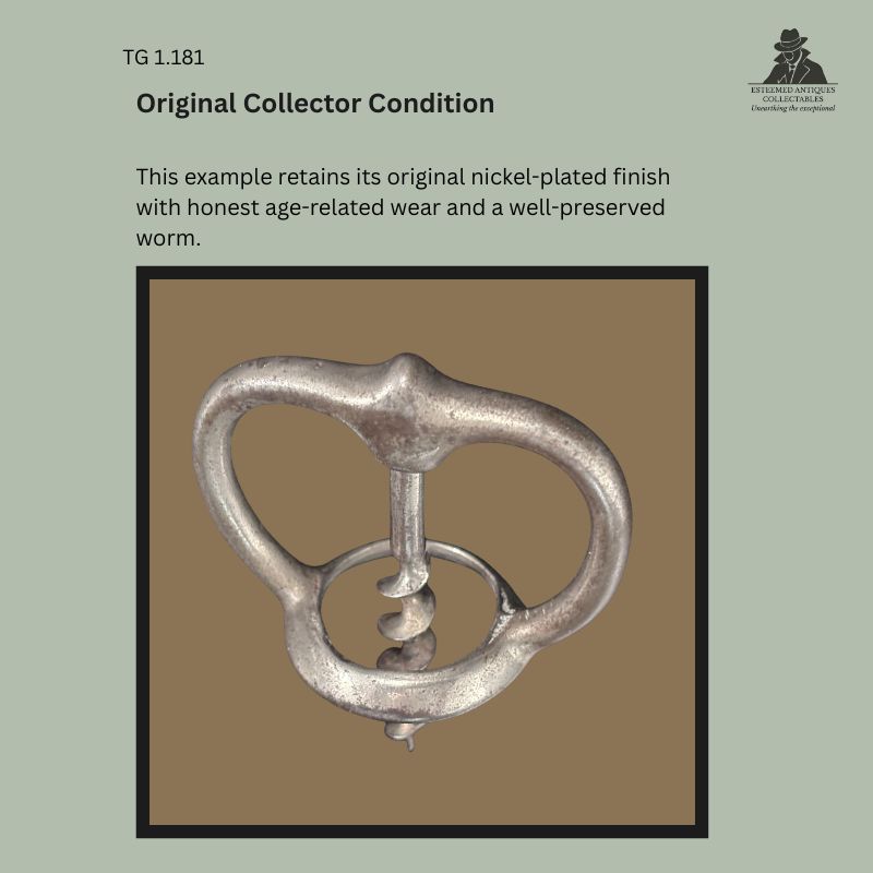 Unmarked Magic Plants patent corkscrew with original nickel-plated finish, showing the compact cast frame and steel worm with honest age-related wear, dating to the early twentieth century, c.1905–1915.