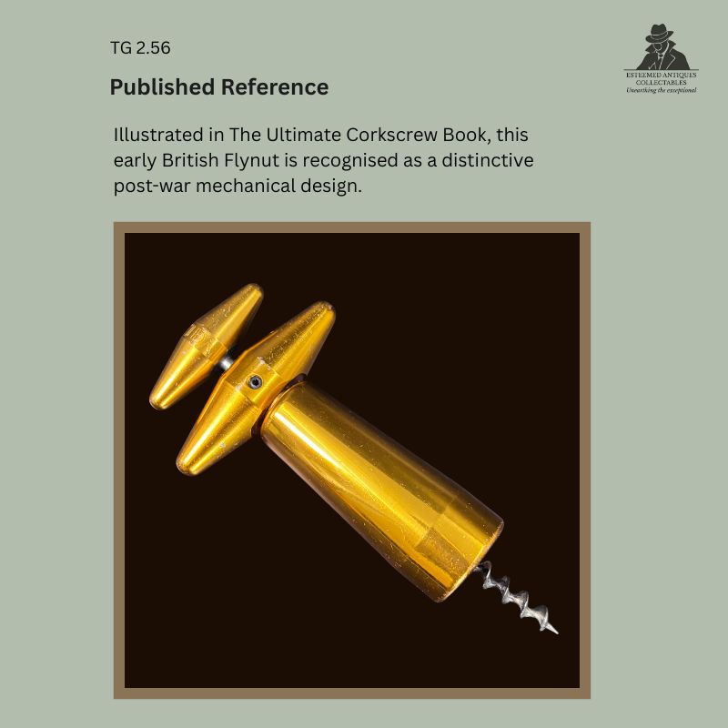 Published reference confirming the Valezina British Flynut mechanical corkscrew, illustrated in The Ultimate Corkscrew Book, with an example of the post-war aluminium and steel corkscrew manufactured in England, c.1943–1949.
