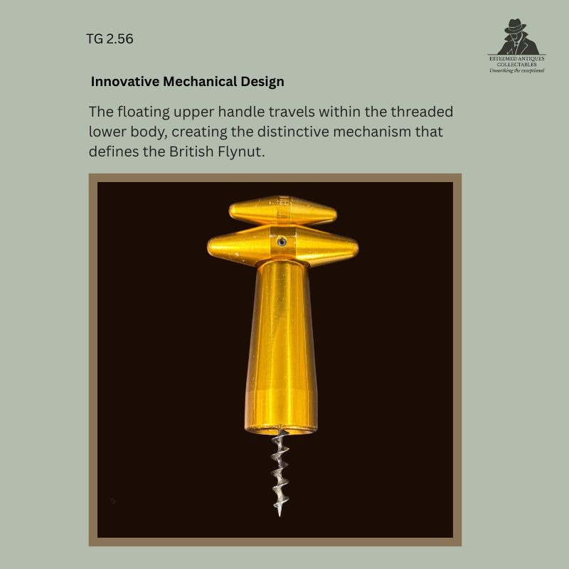 Detail view of the Valezina British Flynut mechanical corkscrew showing the floating upper handle travelling within the threaded aluminium body, with steel worm below. Made in England, c.1949–1955, from the Thomas Guenther Collection.
