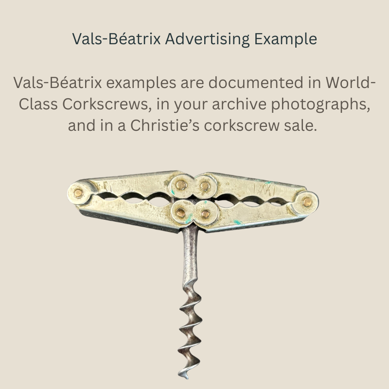 Vals-Béatrix advertising example of a Carl Hollweg steel collapsing corkscrew, shown open with its four-part hinged handle and central helix worm.