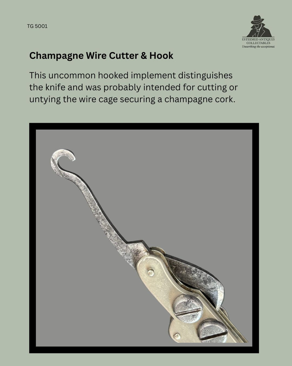Close-up detail of the hooked champagne wire cutter and hook implement on a Victorian five-implement bartender's knife, showing the forged steel tool used for cutting or releasing the wire cage securing a champagne cork.