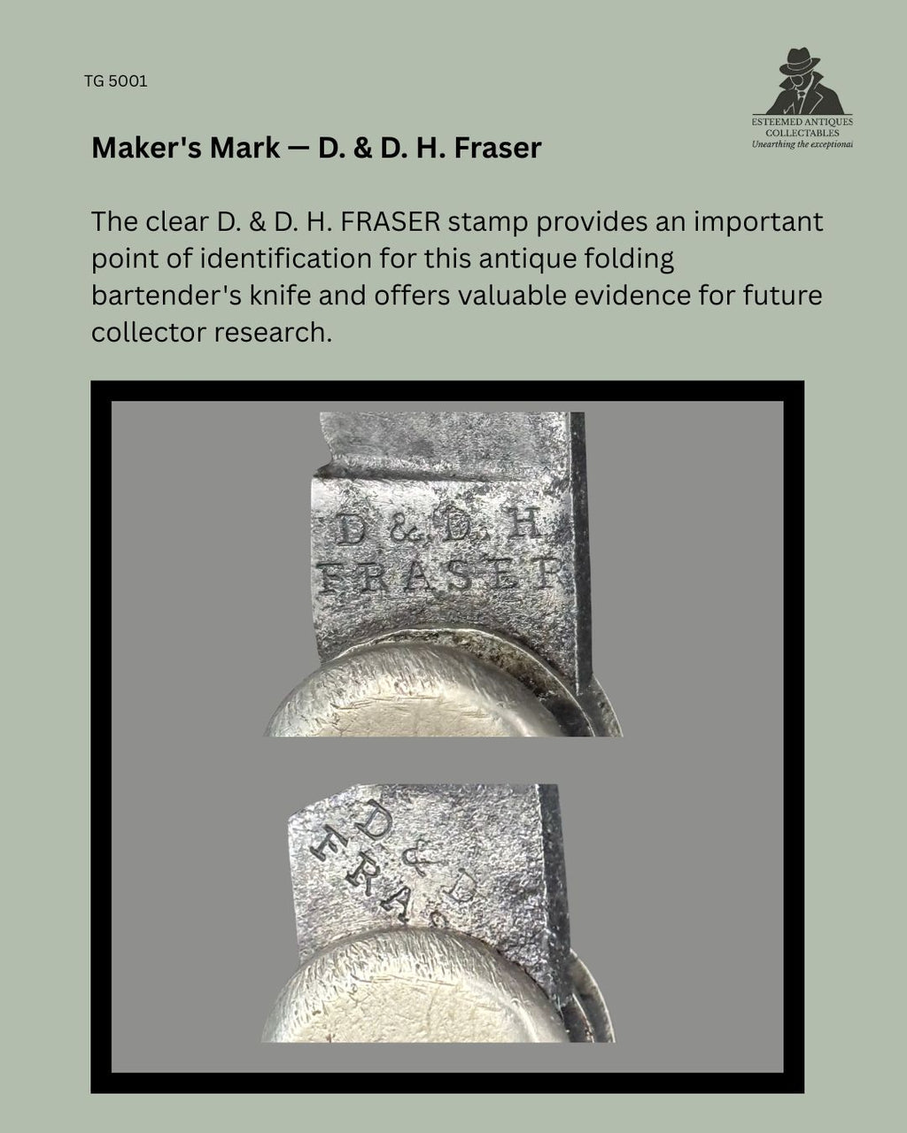 Close-up detail of the maker's stamp reading "D. & D. H. FRASER" on the blade tang of a Victorian five-implement folding bartender's knife, showing the manufacturer's mark used for identification and collector reference.