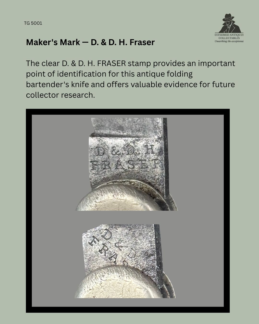 Close-up detail of the maker's stamp reading "D. & D. H. FRASER" on the blade tang of a Victorian five-implement folding bartender's knife, showing the manufacturer's mark used for identification and collector reference.
