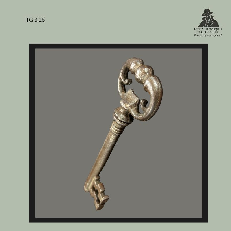Cast metal cellar key corkscrew with decorative openwork bow handle, combining a traditional barrel key form with a corkscrew mechanism, shown in angled view with shaped bit and turned shaft details.