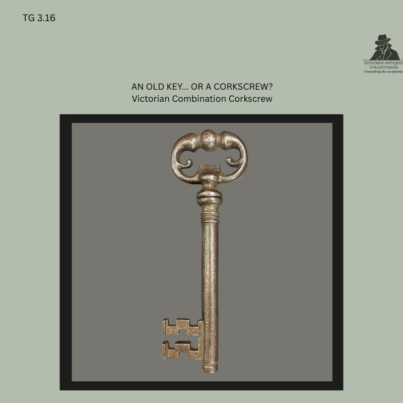 Victorian combination cellar key and corkscrew in cast metal, designed in the form of an ornate key with decorative bow handle and integrated crown cork remover, a late 19th-century mechanical wine and bottle-opening implement from the Thomas Guenther Collection.